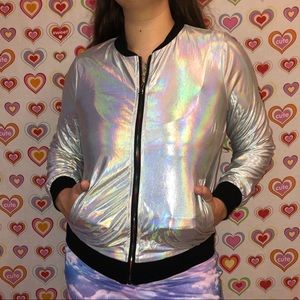 iHeartRaves Metallic Silver Jacket Rainbow Zipper